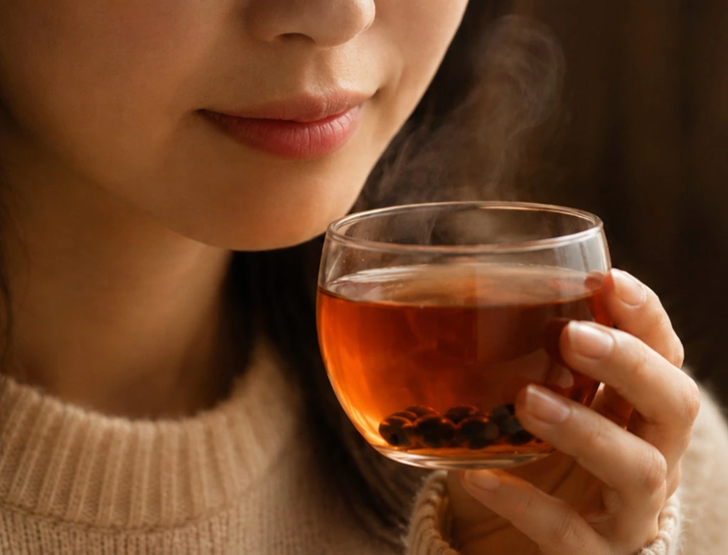 湯気の立つ黒豆茶を手に、頬がゆるむひととき