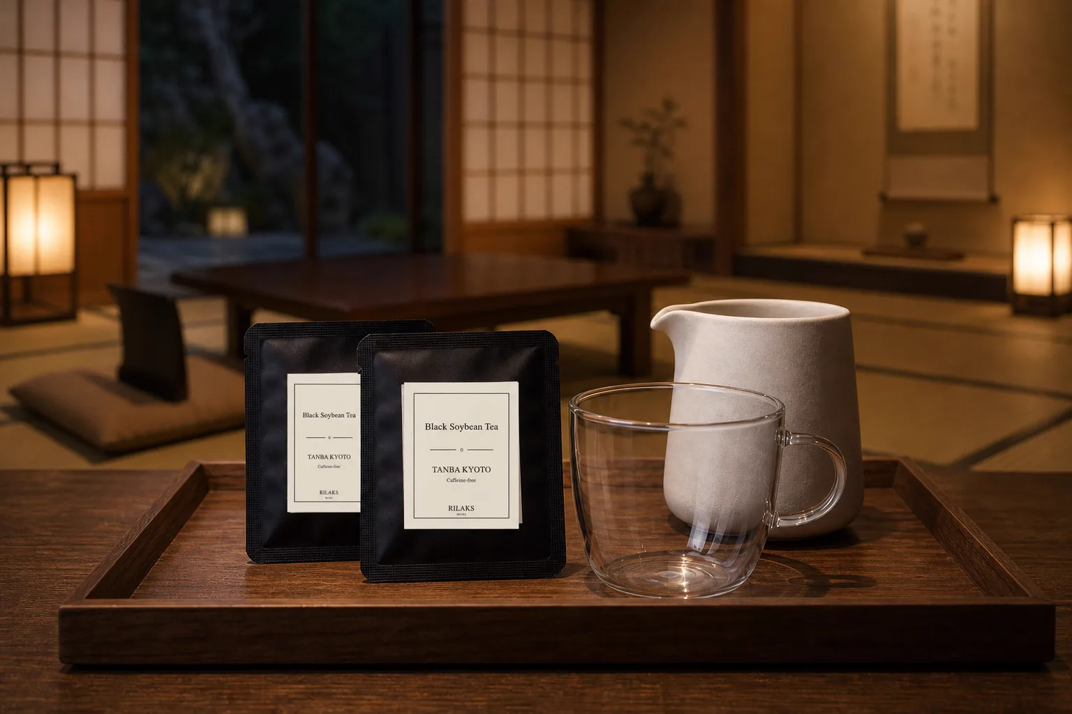 旅館の客室に用意された黒豆茶と湯呑み